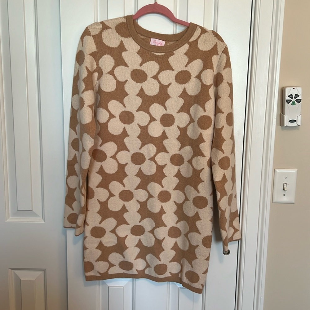 Pink Lily Flower Sweater Mini Dress, Size XL